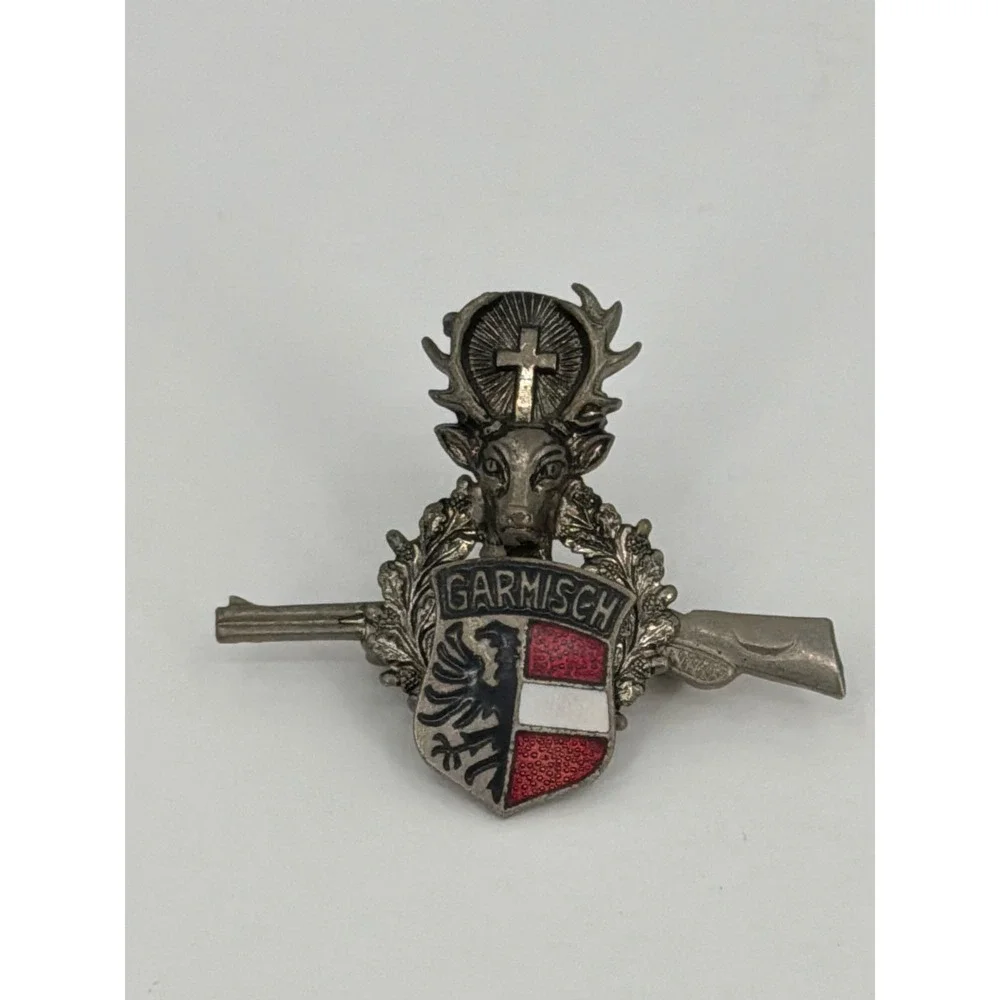Vintage Garmisch Saint Hubertus‎ Stag Hat Pin Rifle Enamel Crest Alpine Brooch